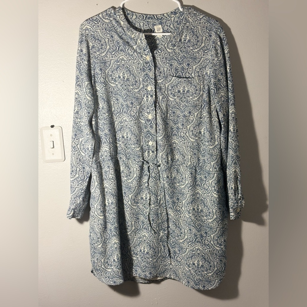 Gap Blue Paisley Button-Up Lined tie waist Spring Dress / Tunic  Size XL PTP 21”